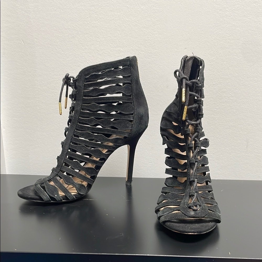 Sam Edelman Black Suede High-Heeled Gladiator Sandal 6.5 Lace Up Back Zipper